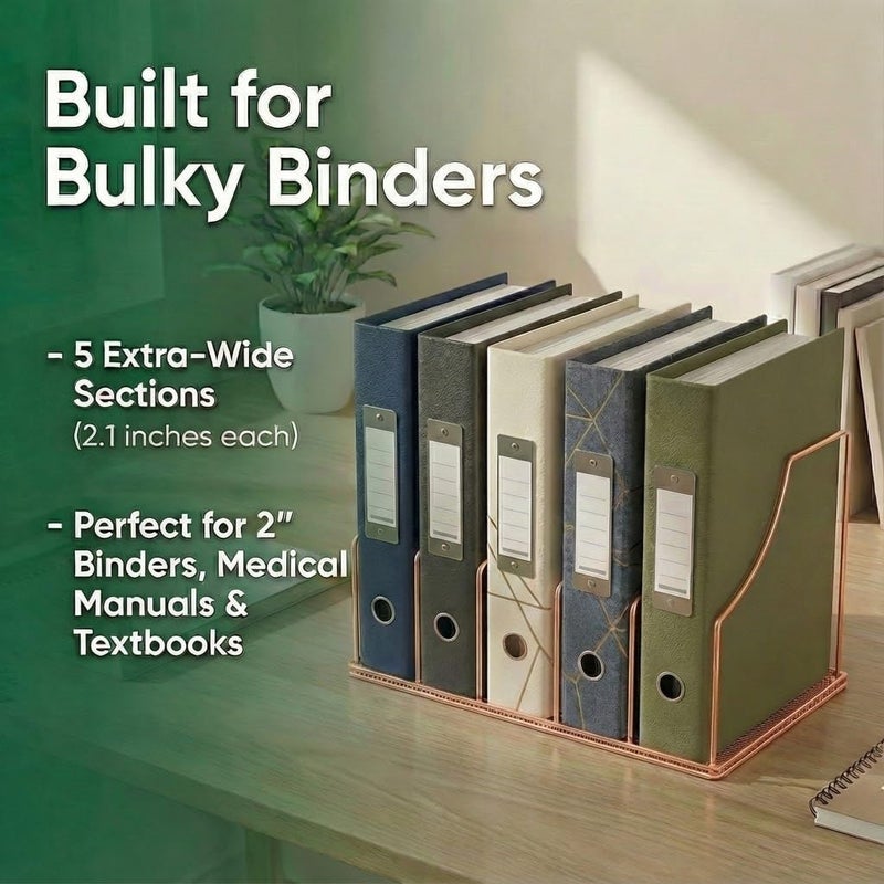 Simmer Stone Rose Gold Binder Organizer for Desk, 5 Slot Metal Wire Vertical File Sorter with Mesh Bottom, Desktop Magazine Holder Rack for 2 Inch Binders, Medical Coding Books, Vinyl Records, 12.1" - Image 3